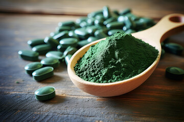 Chlorella or spirulina tablets and powder in wooden spoon on wooden background Nutritional...