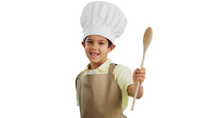 Isolated boy child, chef and spoon in portrait for cooking, learning and development by transparent png background. Kid, kitchen clothes and wood utensil for bakery, apron and funny with education