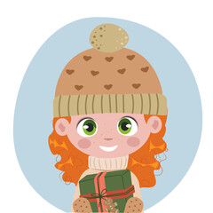 CUTE VECTOR ILLUSTRATION , GIRL WITH ORANGE HAIR  WITH GIFT BOX , HOLIDAYS WINTER ILLUSTRATION , BIRTHDAY OR NEW YEAR CELEBRATION , HAPPY AND JOY CARTOON FLAT CHILD FOR VARIOUS DESIGN USES.
