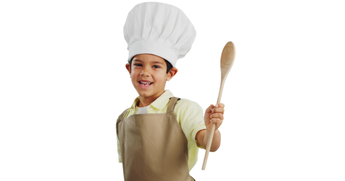 Isolated boy child, chef and spoon in portrait for cooking, learning and development by transparent png background. Kid, kitchen clothes and wood utensil for bakery, apron and funny with education