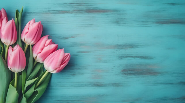 Tulip border with copy space. Beautiful frame composition of spring flowers. Bouquet of pink tulips flowers on turquoise blue vintage wooden background. Generative AI.