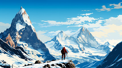 冬の険しい山を登山する人 - obrazy, fototapety, plakaty