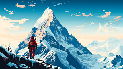 冬の険しい山を登山する人 - obrazy, fototapety, plakaty