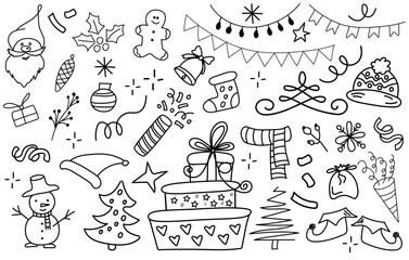 Big set of different hand drawn Christmas party decoration elements. Doodle vector illustration, line art. 