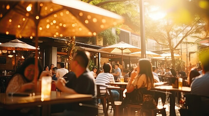 Bokeh background of Street Bar beer restaurant, outdoor in Asia, People sit chill out and hang out and listen to music together - obrazy, fototapety, plakaty