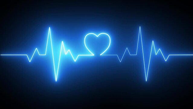 Neon Digital Heartbeat Plus Animation. Neon heartbeat on black isolated background.