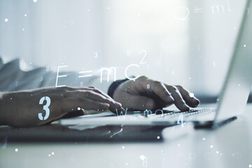 Creative scientific formula illustration with hands typing on computer keyboard on background,...