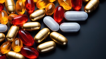 Top view of gold, white and red pills and capsules on dark background with copy space. Generative AI
