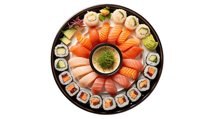 image of a delicious plate of sushi arranged neatly on white.