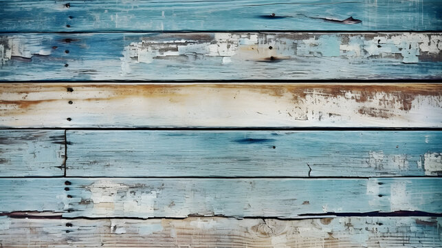 vintage beach wood background - old blue color wooden plank. Generative AI.