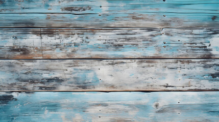 Vintage beach wood background - Old weathered wooden plank painted in turquoise or blue sea color. Generative AI.