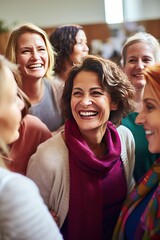 Fototapeta premium Smiling mature women hug supporting at psychotherapeutic session in office. Old friends of different races embrace showing love and acceptance at meeting. Group therapy advantages for participants
