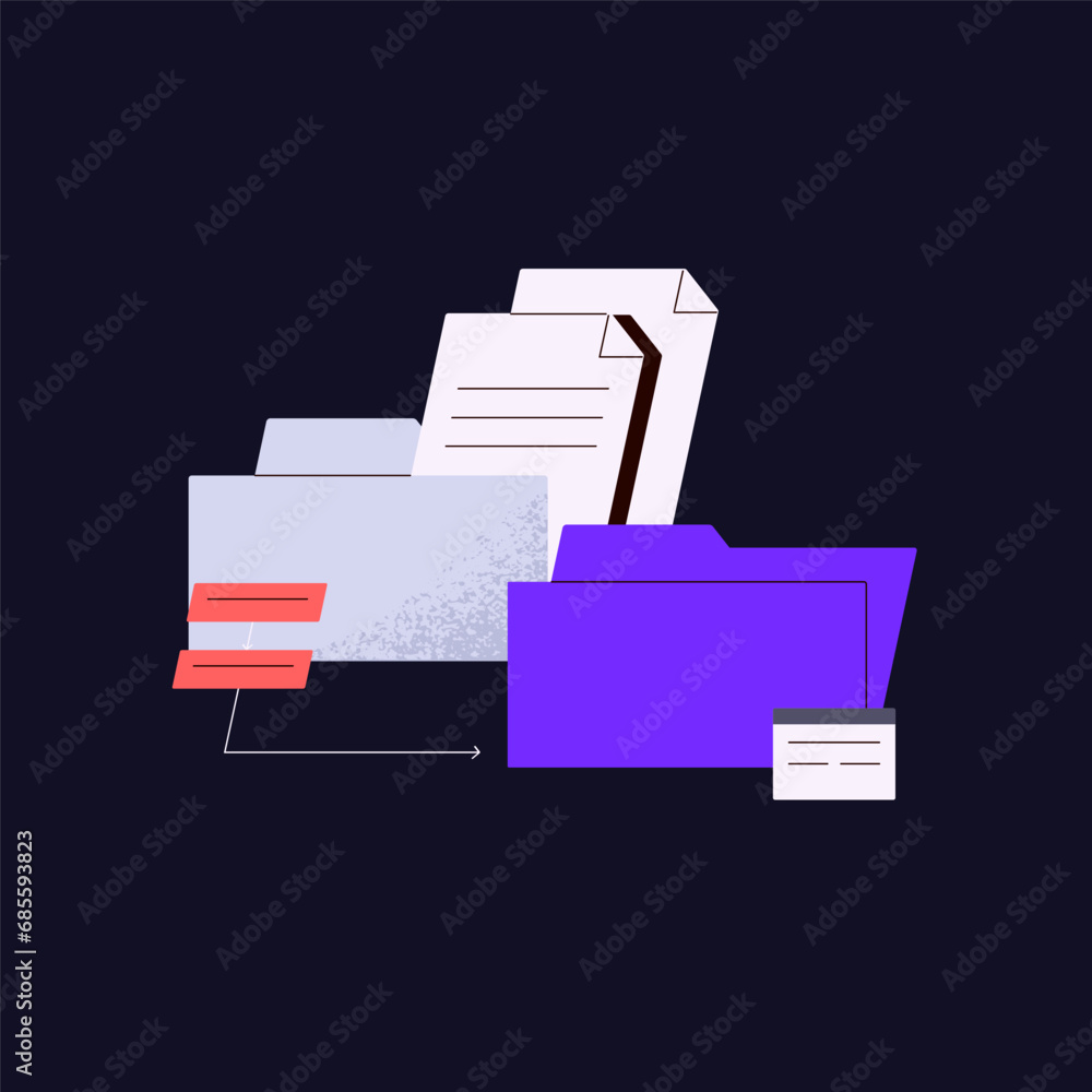 Aufkleber data transfer workflow. document in folder copy in storage, archive. database, information transmiss