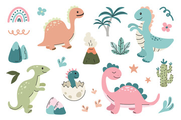 Set with cute dinosaurs. Funny dinosaurs collection with different types of cute animals. Vector illustration isolated on white background