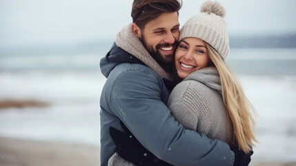 Happy couple hugging on winter beach - Powered by Adobe
