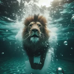 Fototapeten lion swimming underwater © clearviewstock