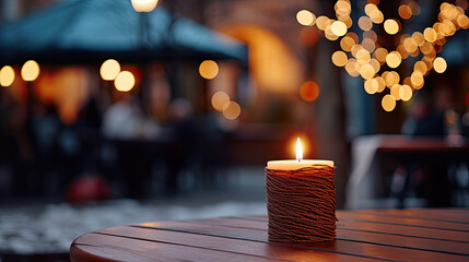Lit up candle at an outdoor table of a restaurant in winter, cosy atmosphere, selective focus, bokeh. - obrazy, fototapety, plakaty