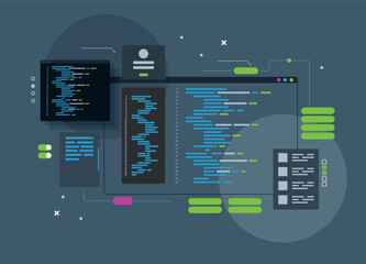 Software development and programming, program code on laptop screen, big data processing, computing isometric