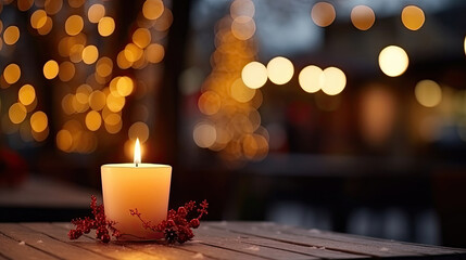 Lit up candle at an outdoor table of a restaurant in winter, cosy atmosphere, selective focus,...