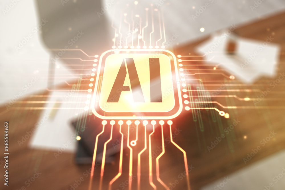 Aufkleber Creative artificial Intelligence symbol concept and modern desktop with computer on background. Multiexposure
