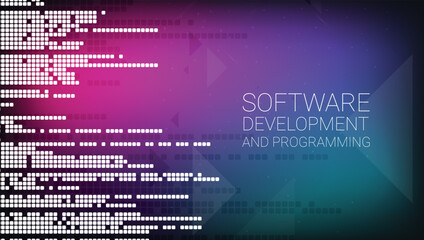 Software development and programming, program code on laptop screen, big data processing, computing