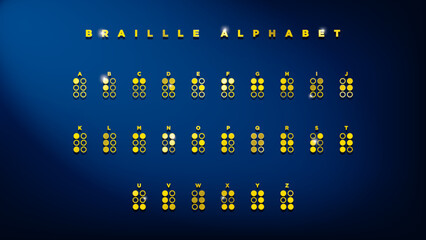 Stylish Gold Braille English Alphabet on dark blue background with soft corner light. ABC guide for blind and visually impaired people. Braille Letters as Dots. 16:9 Ratio Layout. Vector Illustration. - obrazy, fototapety, plakaty
