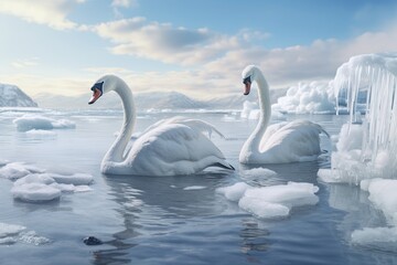 White swans rest on a floating ice floe