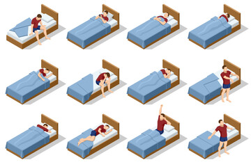 Set of different men sleeping Poses, sleeping and dreaming in beds. Bedtime concept.