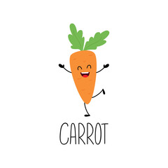 Carrot character with arms and legs and hand written name of vegetable. Vector cartoon illustration for kids.