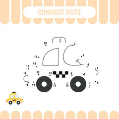 Dot to dot taxi car, game for preschool kids. Activity worksheet. Count number  handwriting practice. Vector Illustration..
