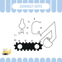 Dot to dot game for kids. Join and color excavator. Activity worksheet for preschool children. Vector illustration.