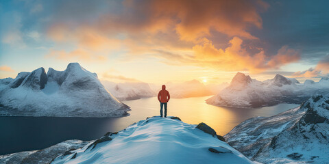 Panorama of Mountaineer standing on top of snowy mountain range at Senja, Norway - obrazy, fototapety, plakaty