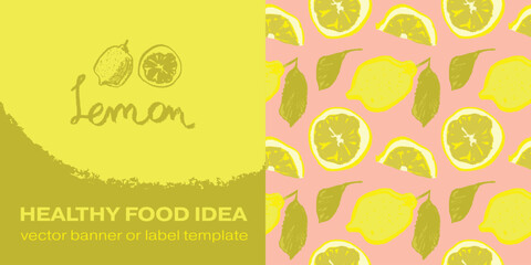 Pattern of lemons drawn with colored pencils. Vector seamless lemon background for creating juice labels, natural cosmetics. Hand-drawn illustrations of lemons with leaves.