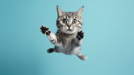 Obraz premium funny cat flying. photo of a playful tabby cat jumping mid-air looking at camera. background with copy space
