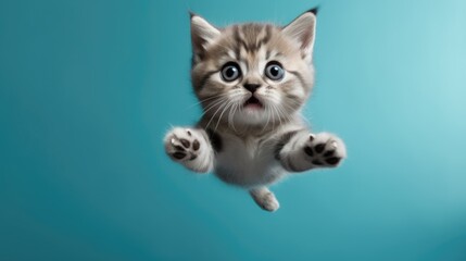 funny cat flying. photo of a playful tabby cat jumping mid-air looking at camera. background with copy space