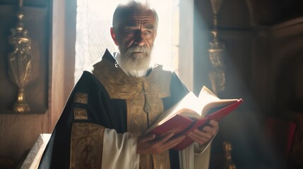 Orthodox priest in traditional robe holds open Bible standing in cell window sunlight. Christian monk prays with book in spiritual retreat. Churchman inspires reading Holy Scripture in chamber - obrazy, fototapety, plakaty