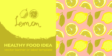 Pattern of lemons drawn with colored pencils. Vector seamless lemon background for creating juice labels, natural cosmetics. Hand-drawn illustrations of lemons with leaves.