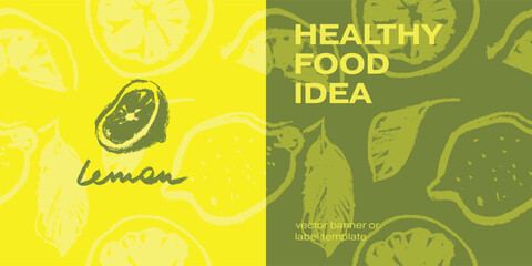 Pattern of lemons drawn with colored pencils. Vector seamless lemon background for creating juice labels, natural cosmetics. Hand-drawn illustrations of lemons with leaves.