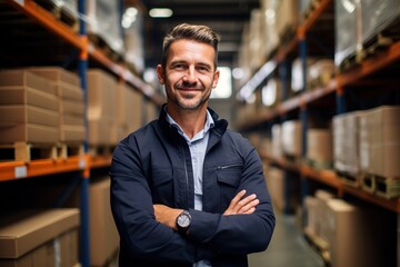 Fototapeta premium Worker in a work environment. Male logistics worker in distribution center