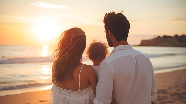 Back view portrait of a white happy couple with their toddler son with sunset on the beach as a background with space for text, background image, AI generated