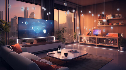 A smart home setup. A modern living space equipped with smart home devices like smart lights, tv and voice - controlled assistants. Smart home interior with augmented reality. AI generative. - obrazy, fototapety, plakaty