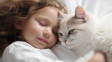 Portrait of a white toddler girl sleeps with her cat against white background with space for text, background image, AI generated