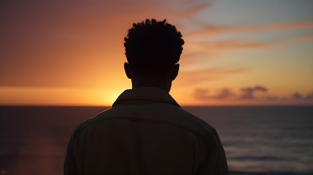 Back view portrait of a black male with sunset on the beach as a background with space for text, background image, AI generated
