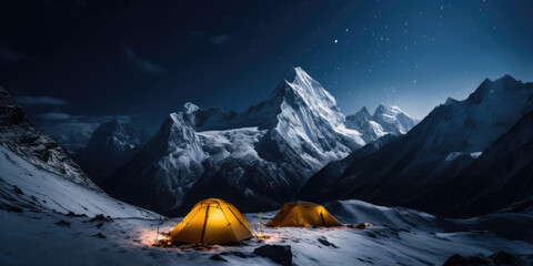 Panorama of Steep peak mountains with covered snow and yellow tent camping at twilight time - obrazy, fototapety, plakaty