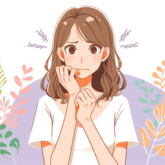 Young woman feeling anxious and biting her fingernails vector illustrations on white background