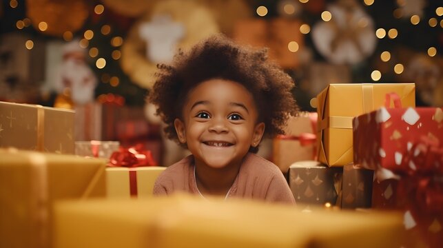Portrait of a happy black female toddler surrounded by gifts with space for text, background image, AI generated
