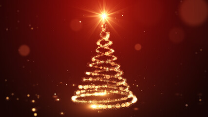 Christmas tree animation with lights particles and snowflakes on RED