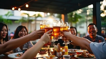 People in asian are celebrating the festival they clink glasses beer and dinner happy - obrazy, fototapety, plakaty