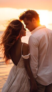 Back view portrait of a white happy couple with sunset on the beach as a background with space for text, background image, AI generated