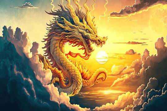 Ancient yellow chinese dragon among clouds in the sunset sky, fantasy illustration, Year of the Dragon, Generative AI